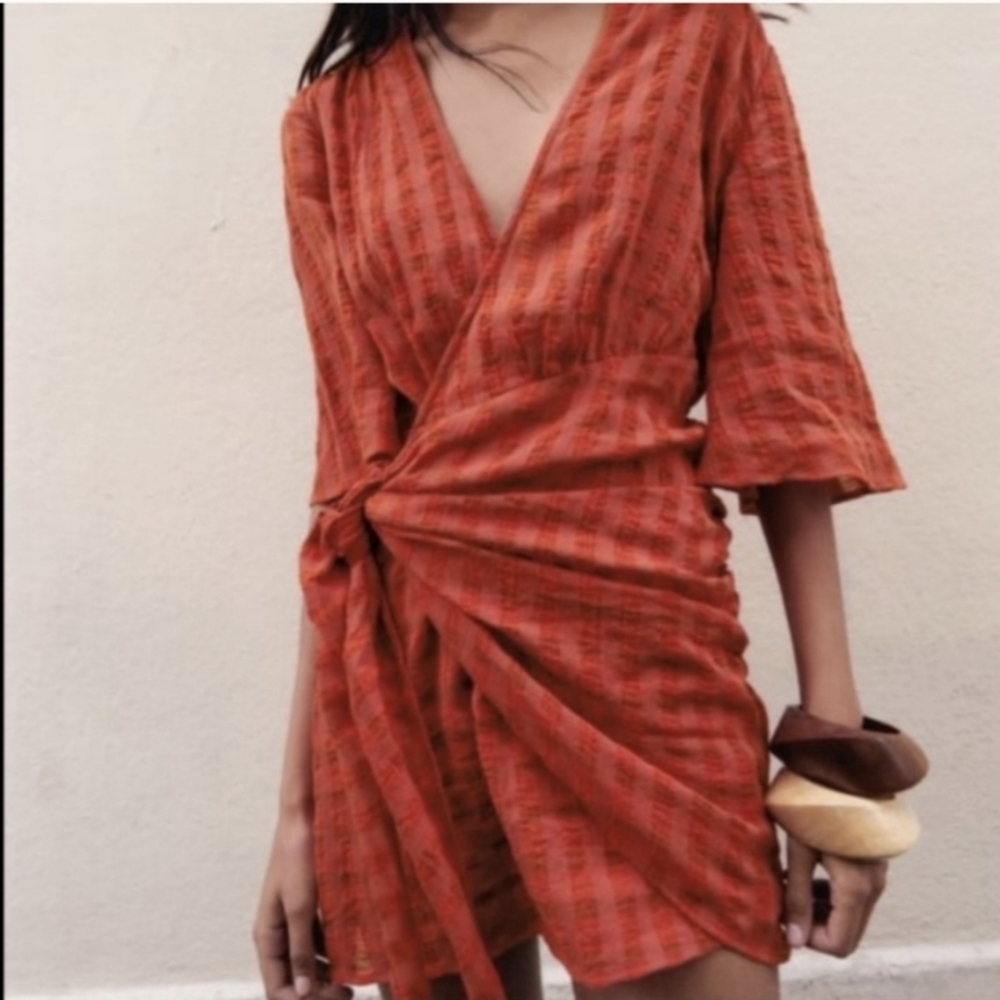 Zara Red Plaid Wrap Linen Dress: Medium